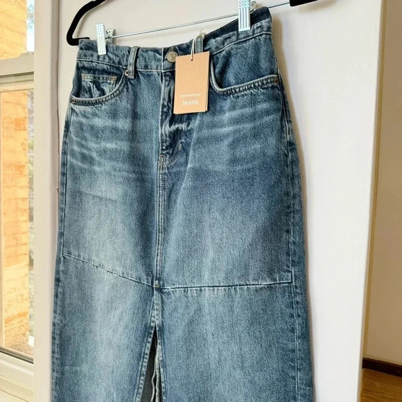 NWT Reformation Tazz Maxi Denim Jean Skirt Slit Blue 25 - Picture 8 of 15